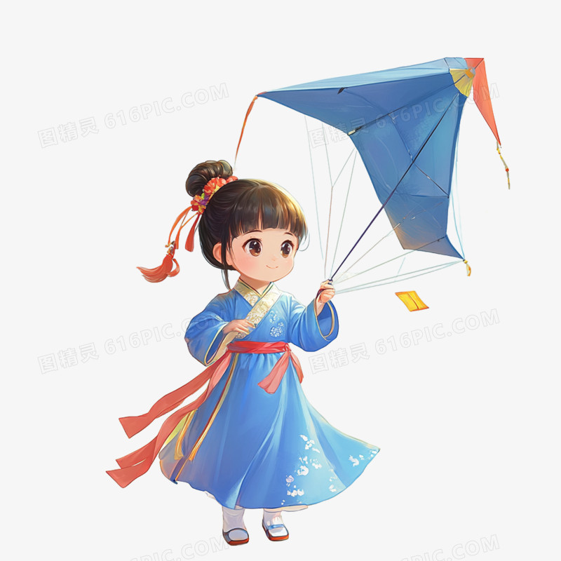 国潮插画穿蓝色汉服的小女孩放风筝免抠元素