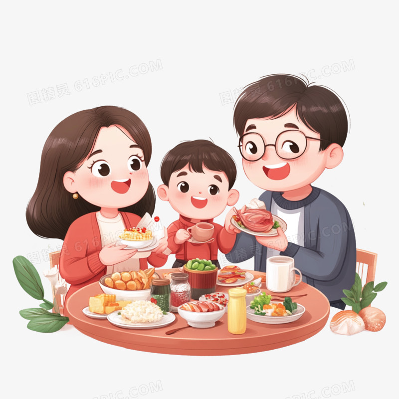 插画风格吃饭一家人吃饭聚餐免抠元素