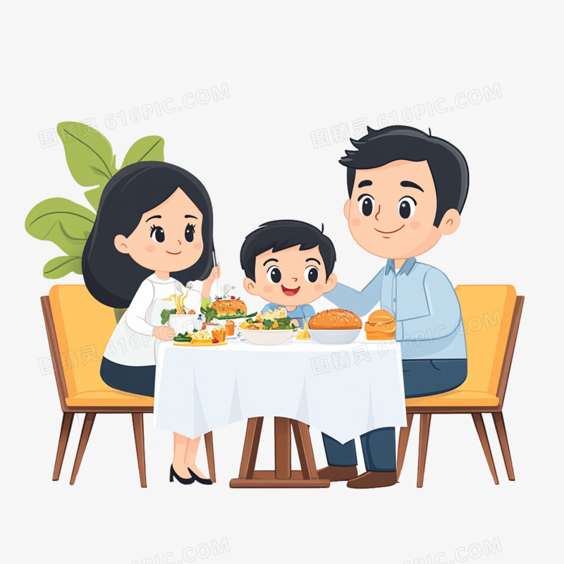 插画风格吃饭一家人吃饭聚餐免抠元素