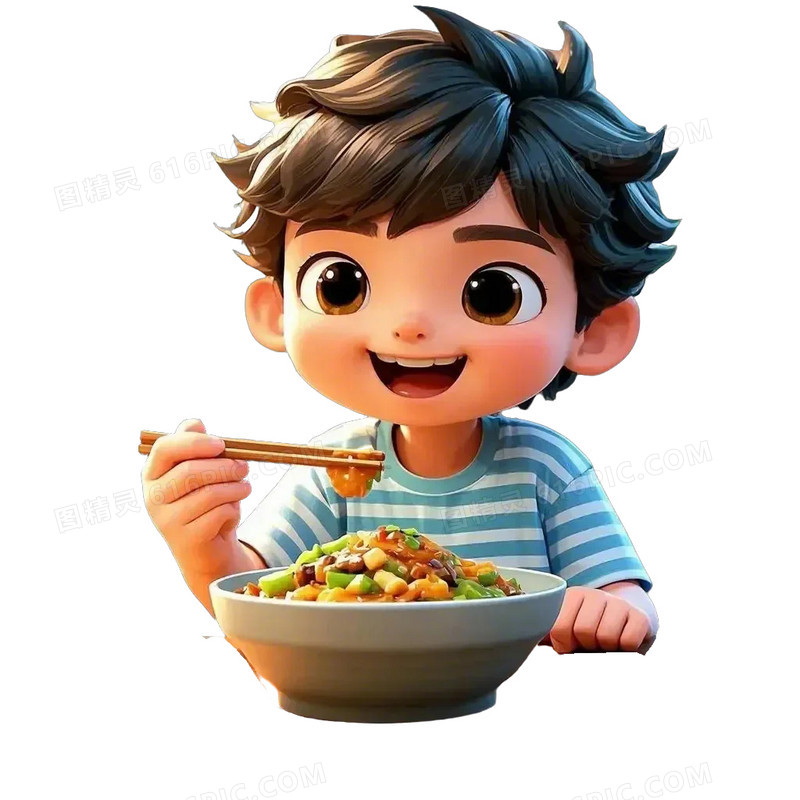 3D格子衬衫男孩在吃饭元素