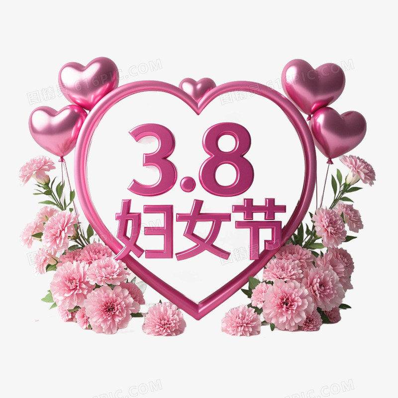 3D立体粉色3.8妇女节艺术字免抠元素