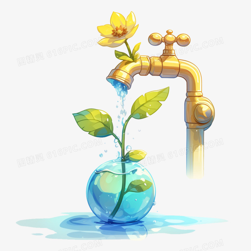 卡通水龙头浇灌小草免抠元素