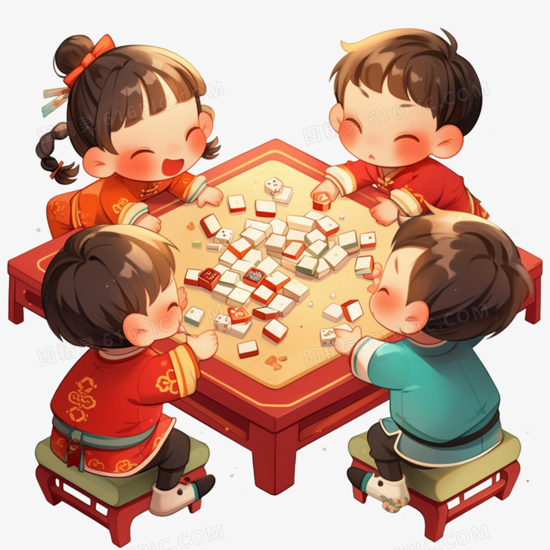 卡通手绘穿汉服的四个人打麻将免抠元素