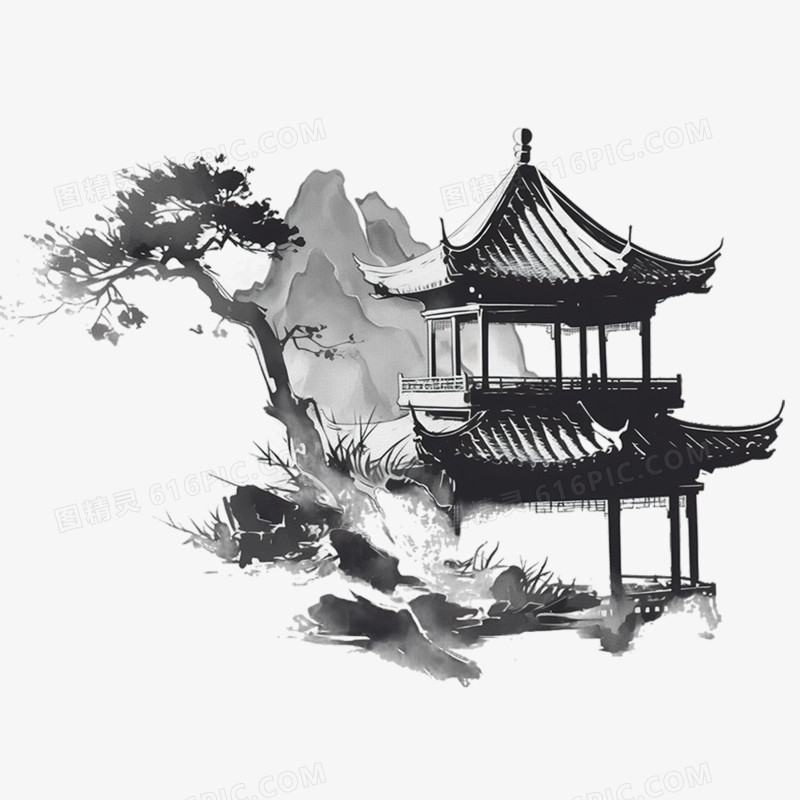 水墨插画亭子亭台楼阁免抠元素