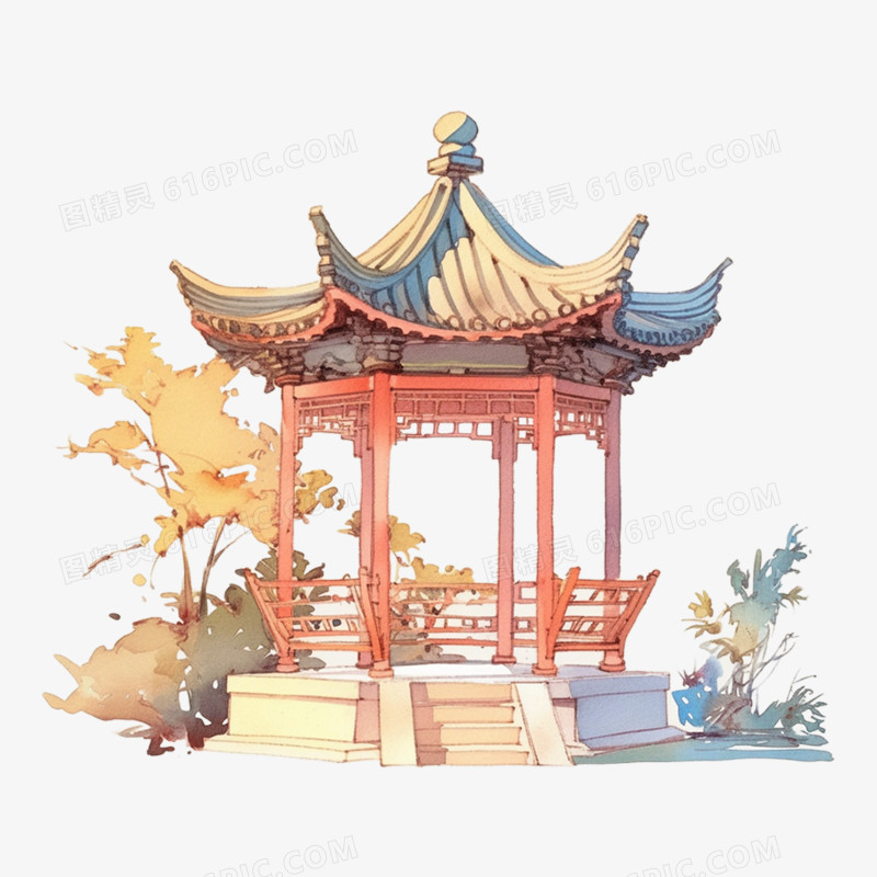 水墨插画亭子亭台楼阁免抠元素