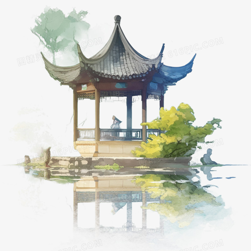 手绘插画亭子亭台楼阁免抠元素