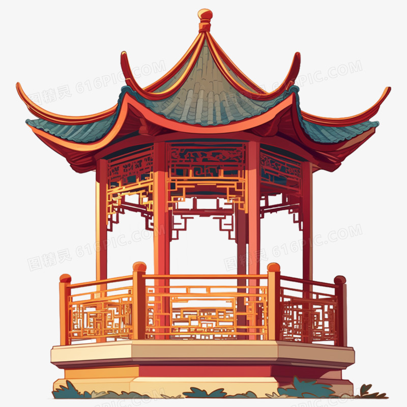 水墨插画亭子亭台楼阁免抠元素