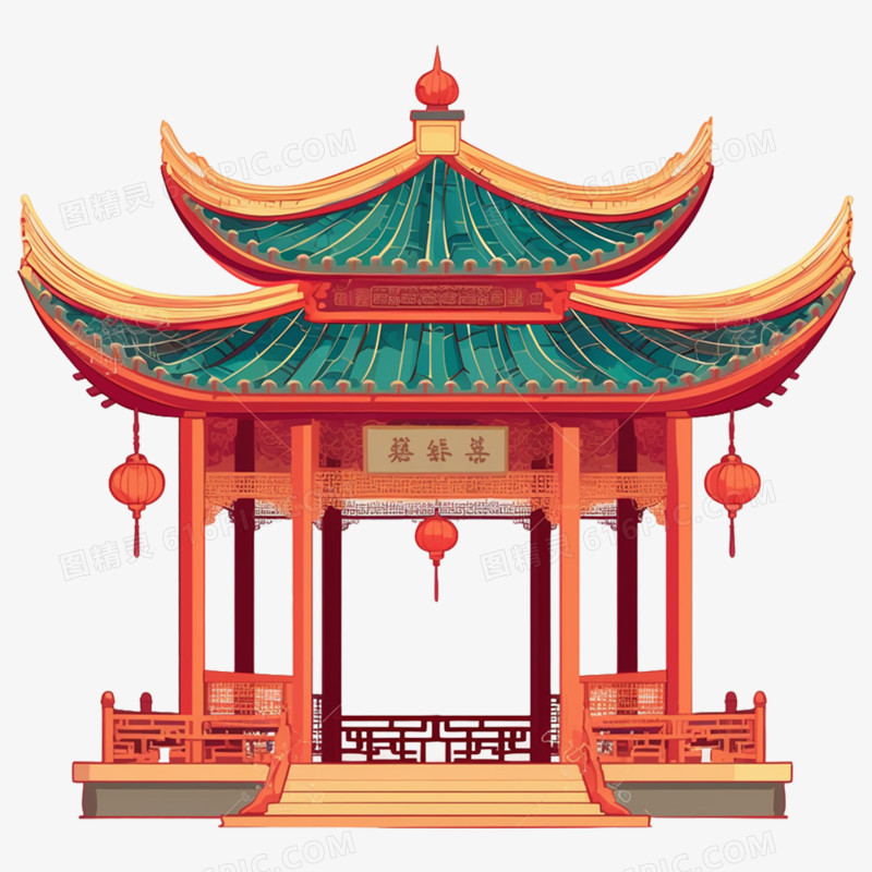 水墨插画亭子亭台楼阁免抠元素