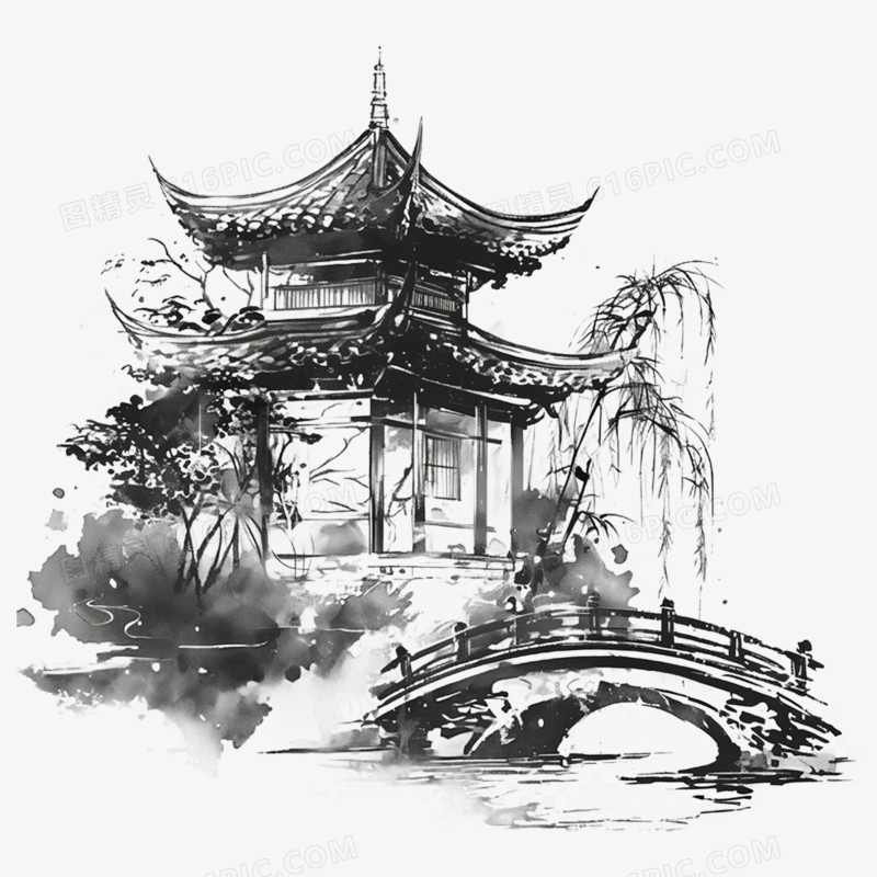 水墨亭子亭台楼阁免抠元素