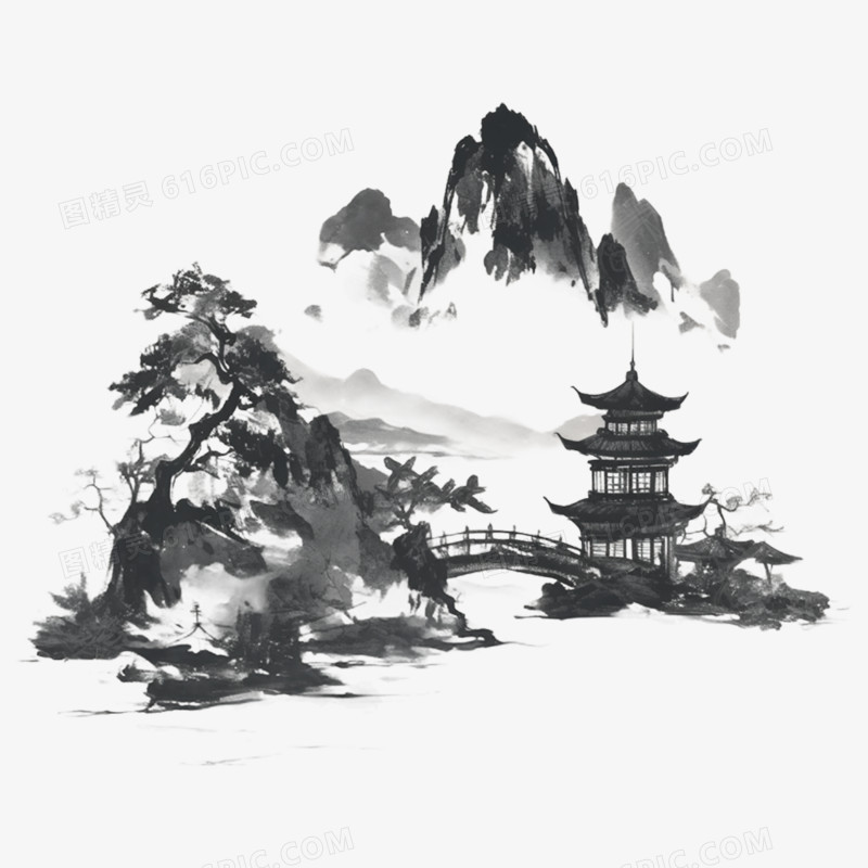 水墨亭子亭台楼阁免抠元素