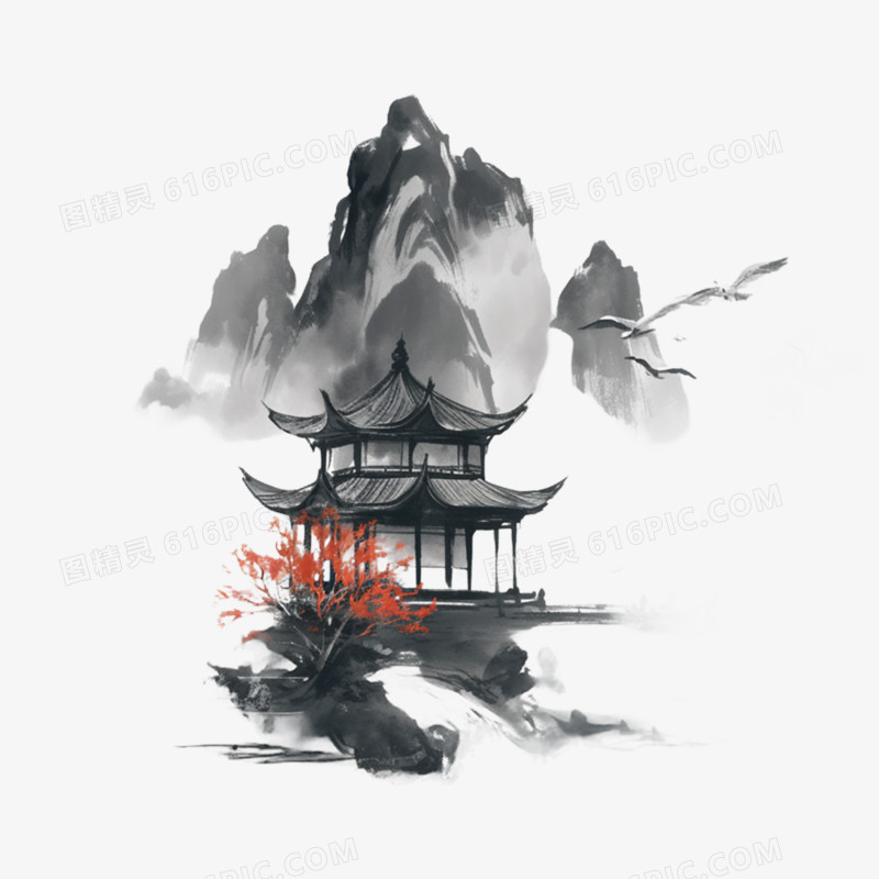水墨亭子亭台楼阁免抠元素