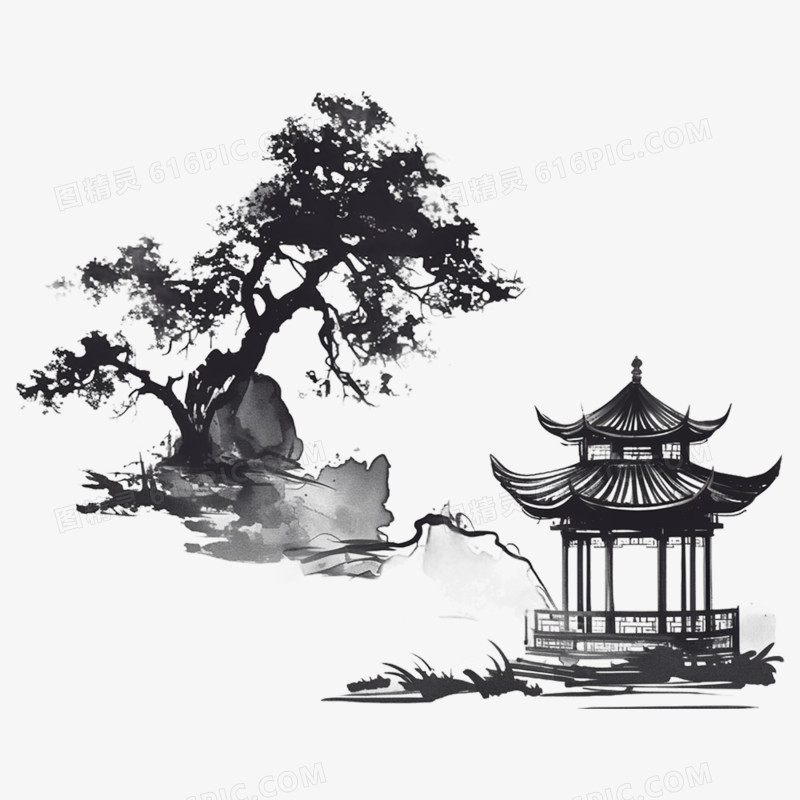 水墨插画亭子亭台楼阁免抠元素