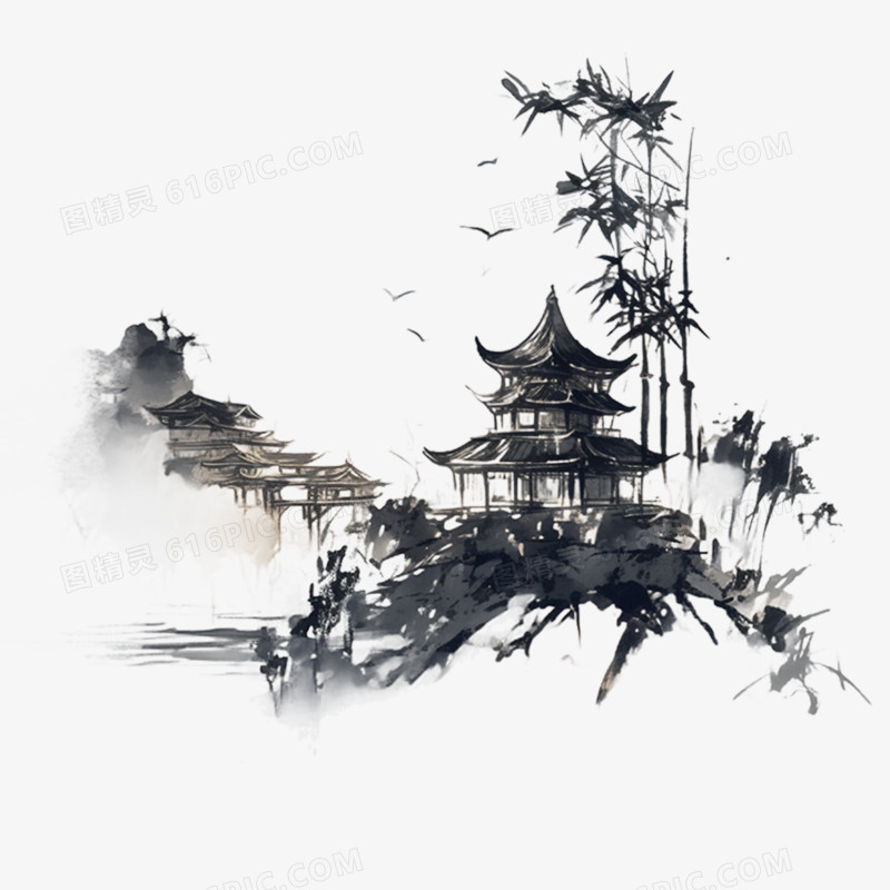 水墨亭子亭台楼阁免抠元素