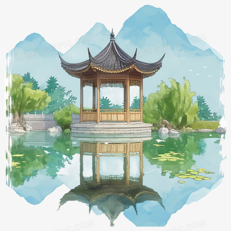 手绘插画亭子亭台楼阁免抠元素