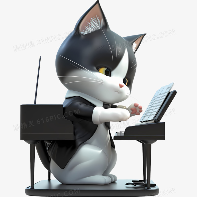 拟人化小猫演奏钢琴3D立体免抠元素