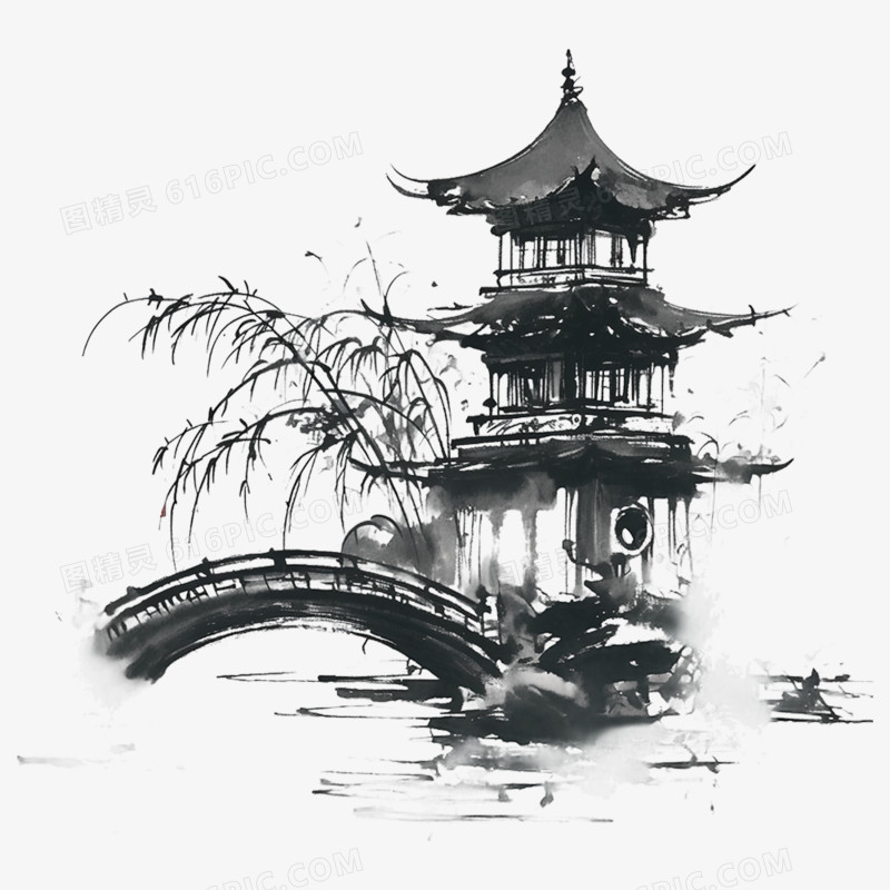 水墨亭子亭台楼阁免抠元素