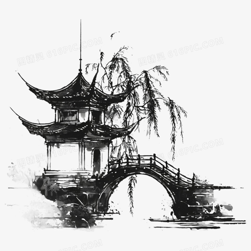 水墨亭子亭台楼阁免抠元素