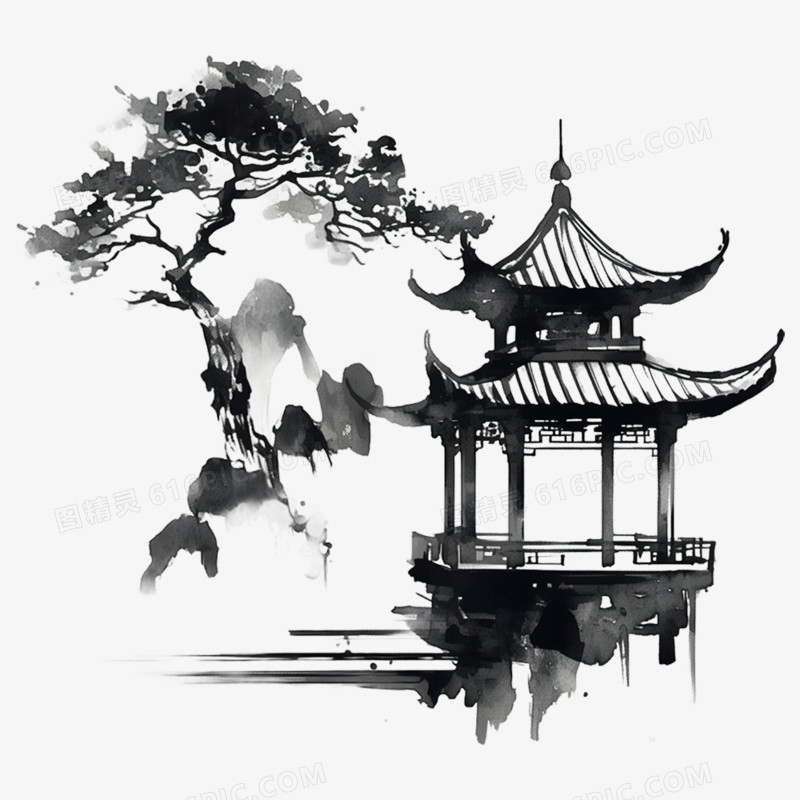 水墨插画亭子亭台楼阁免抠元素