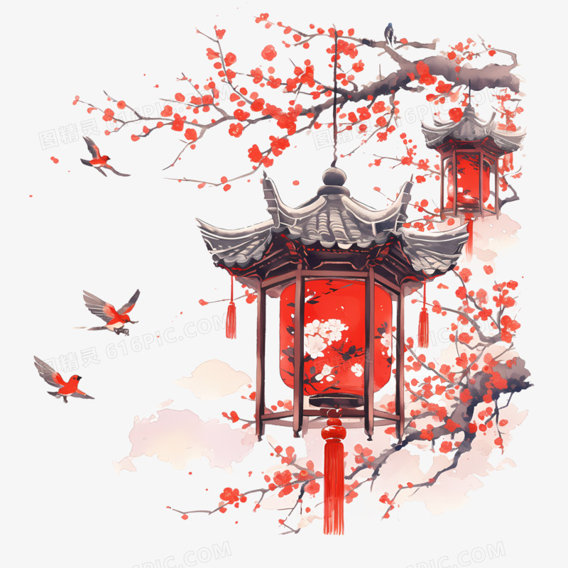 红梅灯笼和飞鸟花鸟免抠元素