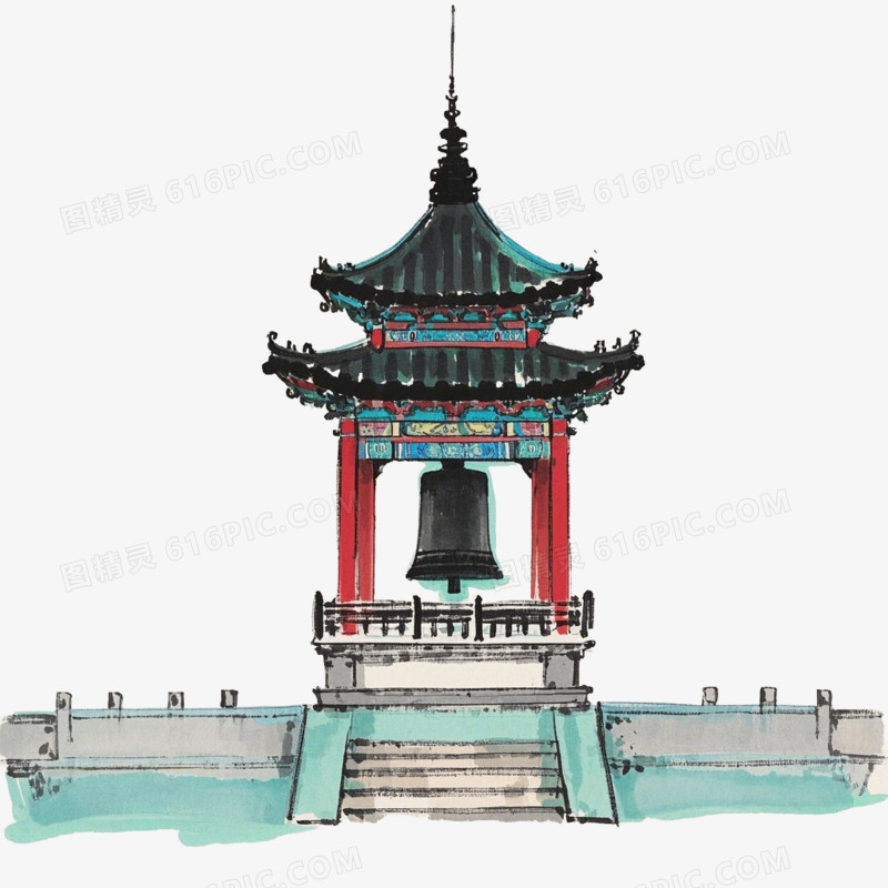 水墨画风格中式古典建筑钟楼免抠元素