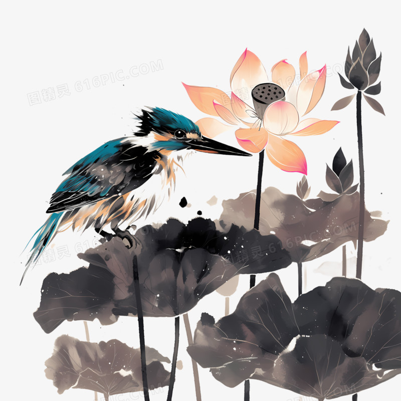 美丽花鸟水墨免抠元素