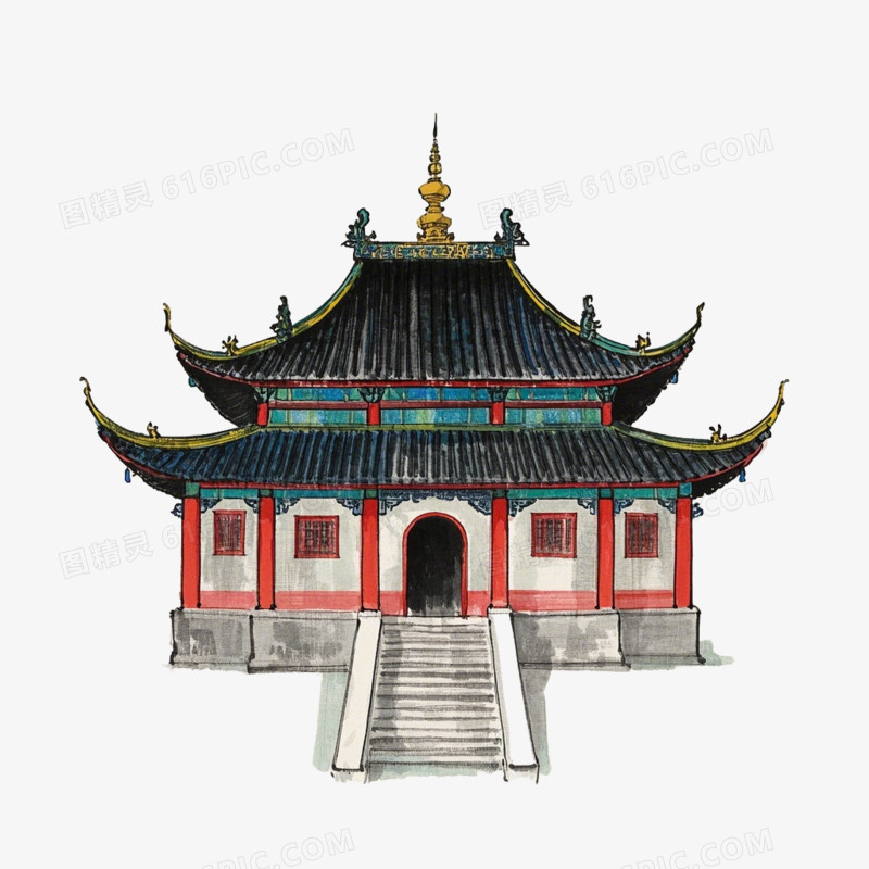 水墨画风格中式古典寺庙建筑免抠元素