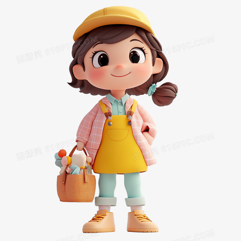 3D小女孩春游粘土免抠元素