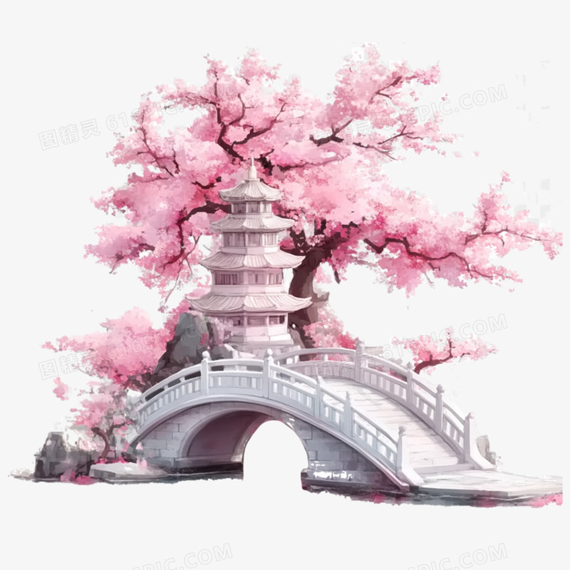 手绘插画亭台楼阁免抠元素