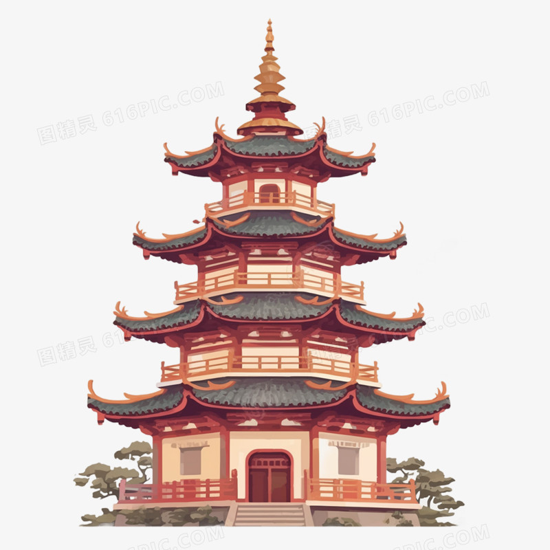 手绘中国风亭台楼阁免抠元素
