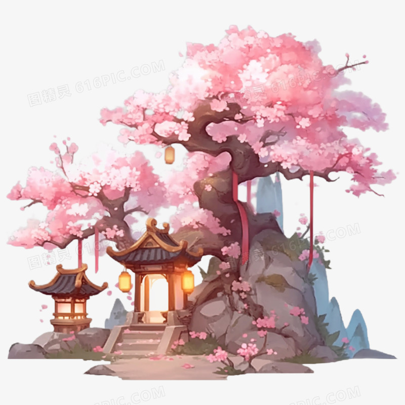 手绘插画亭台楼阁免抠元素
