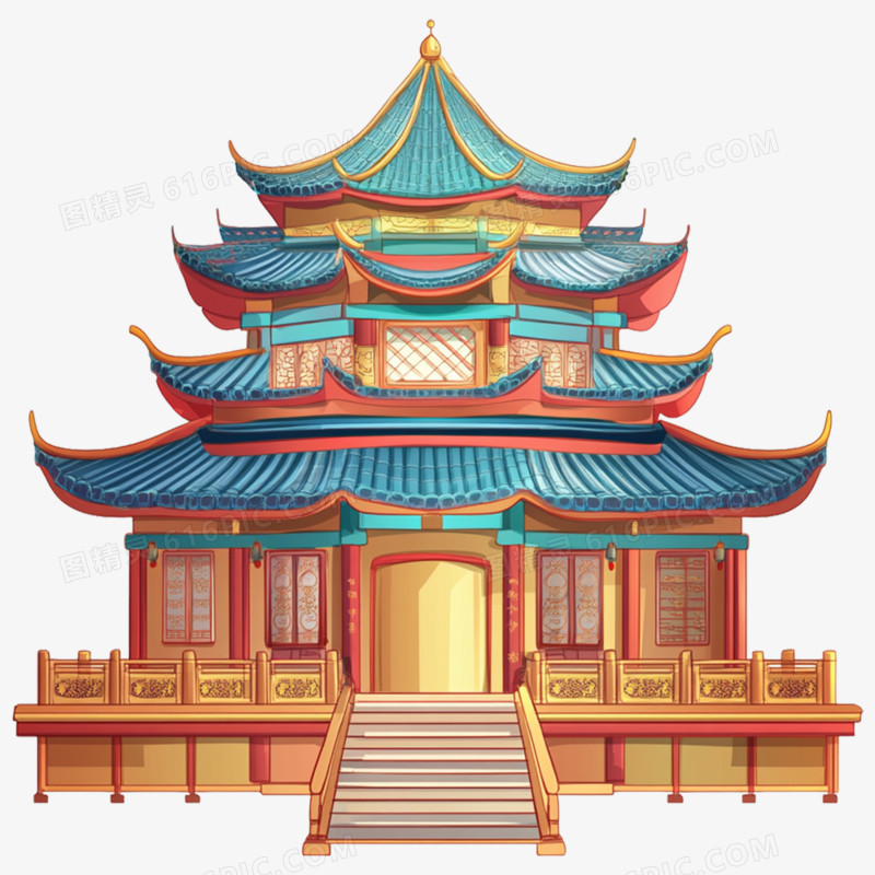手绘插画亭台楼阁免抠元素