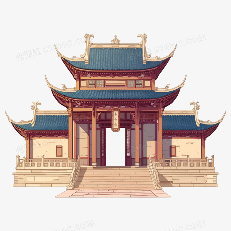 手绘中国风亭台楼阁免抠元素