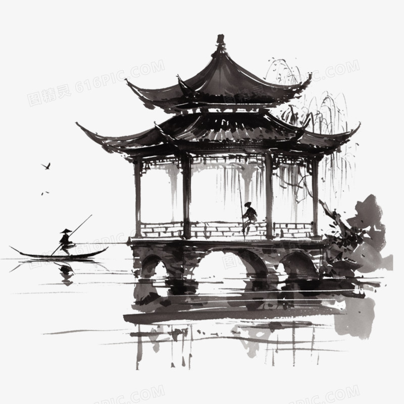 手绘插画亭台楼阁免抠元素