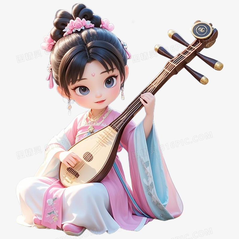 3D立体古风人物乐器弹奏免抠元素