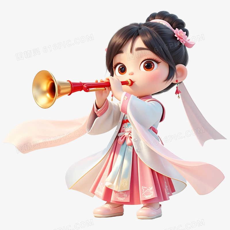 3D立体古风人物乐器弹奏免抠元素
