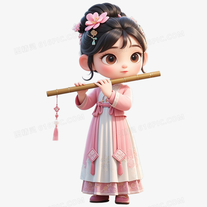 3D立体古风人物乐器弹奏免抠元素
