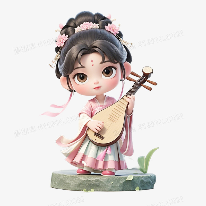 3D立体古风人物乐器弹奏免抠元素