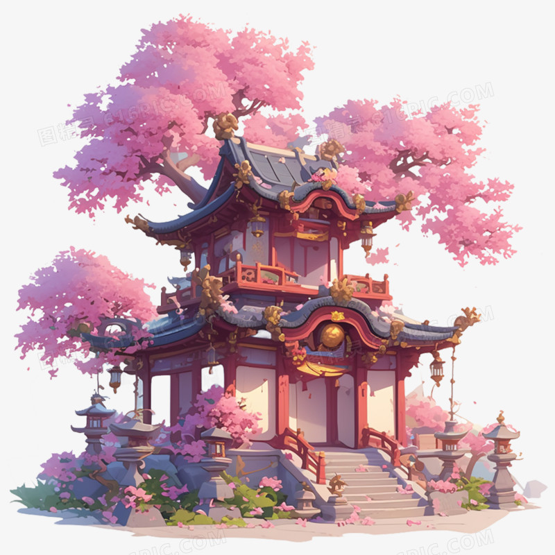 手绘插画亭台楼阁免抠元素