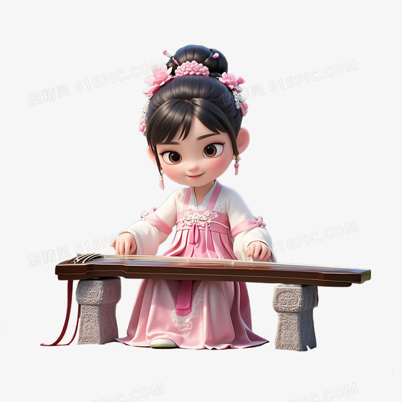 3D立体古风人物乐器弹奏免抠元素