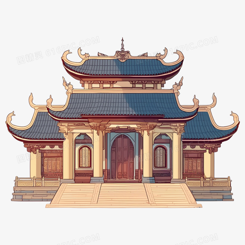手绘中国风亭台楼阁免抠元素