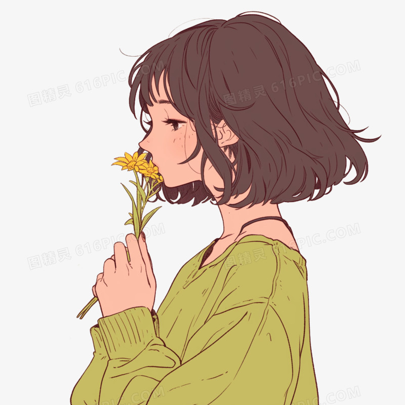 人物少女闻花香免抠元素