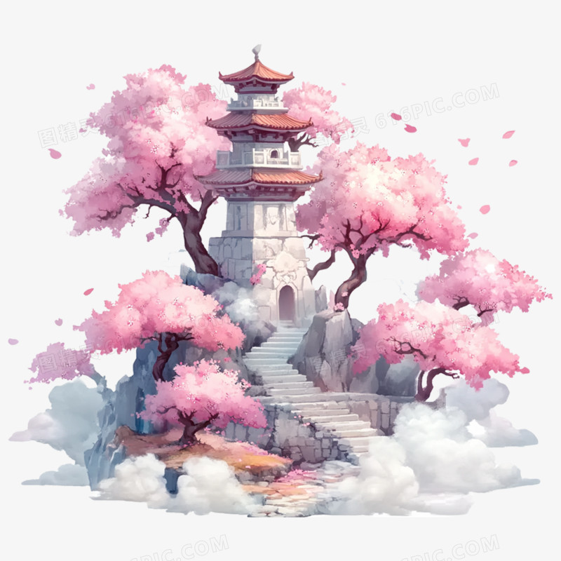 手绘插画亭台楼阁免抠元素