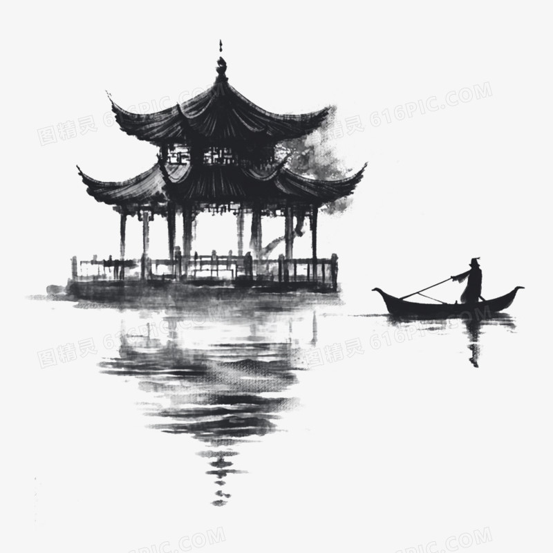 手绘水墨亭台楼阁免抠元素