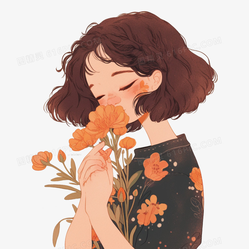 人物少女闻花香免抠元素