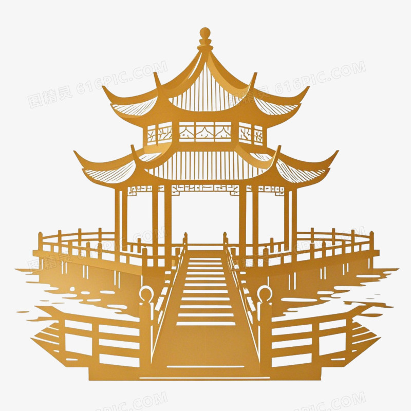 金色传统亭台楼阁水榭古建筑免抠元素