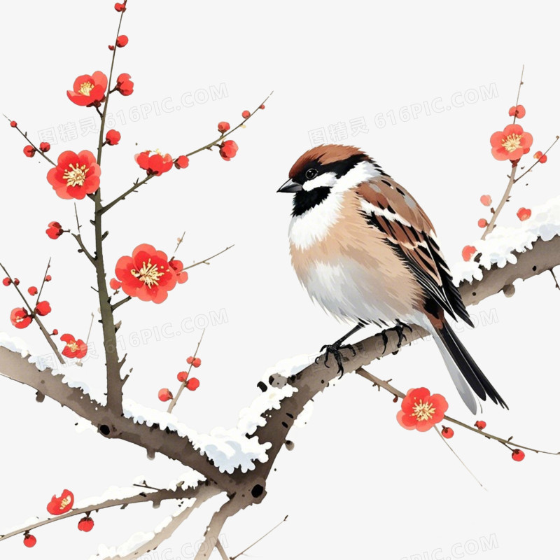 麻雀在梅花树枝上的免抠元素