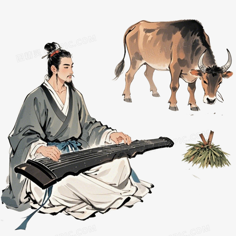 穿着古代服装的男人在弹琴的免抠元素