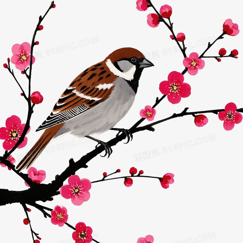 麻雀在梅花树枝上的免抠元素