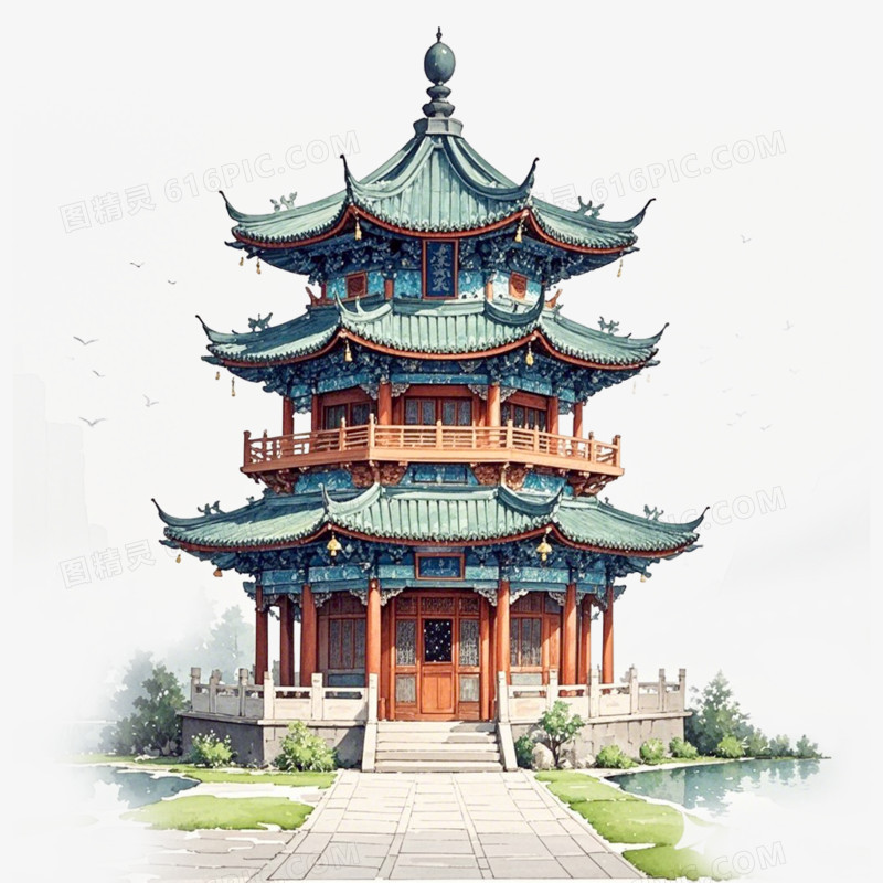 水彩亭台楼阁古建筑免抠元素