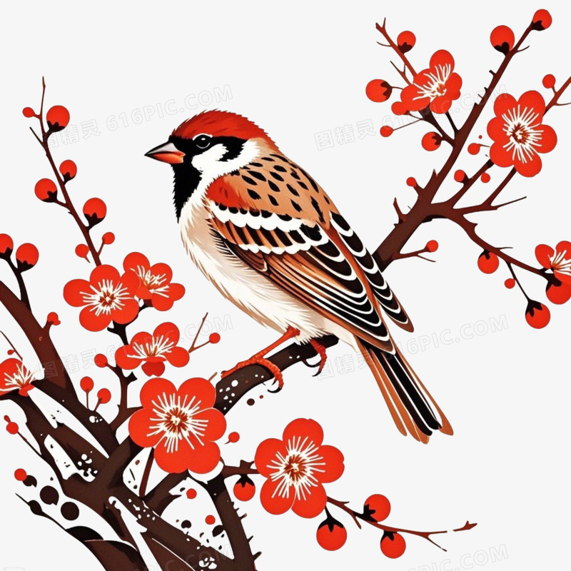 麻雀在梅花树枝上的免抠元素